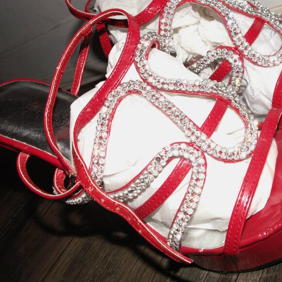 A pair of red women's heels shoes with rhinestone straps. (All sizes available) - Picture 3 of 4